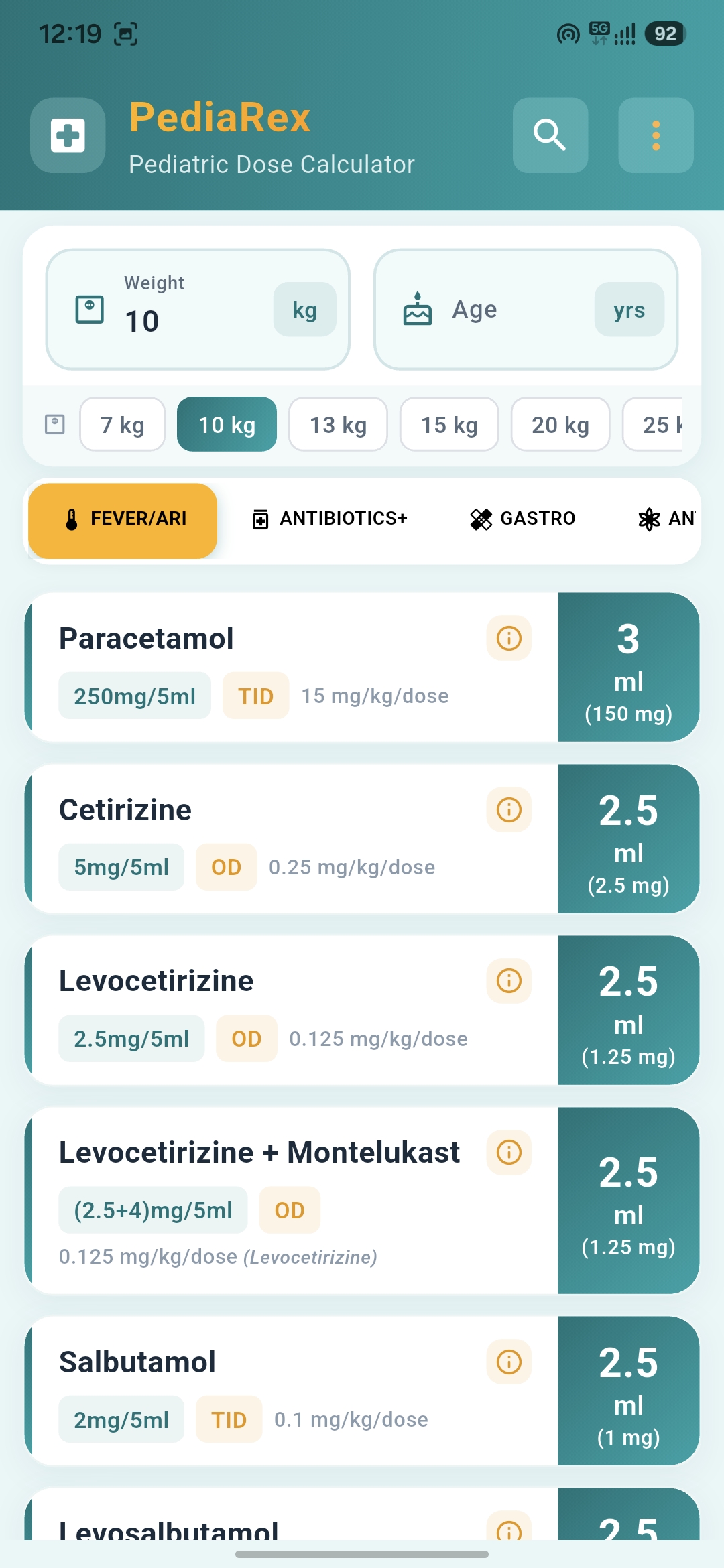 PediaRex pediatric dose calculator screenshot